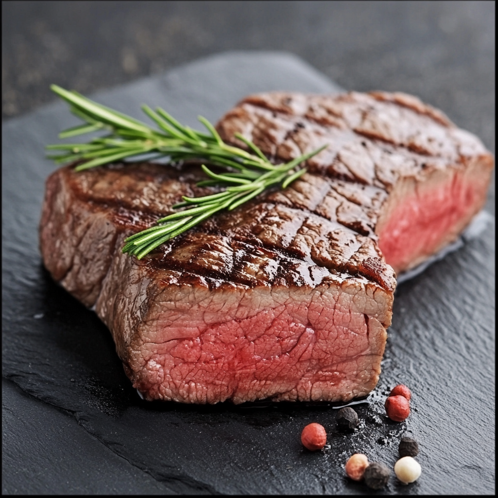 Juicy grilled steak with rosemary on a black slate, representing tips on how to soften tough cooked meat effectively