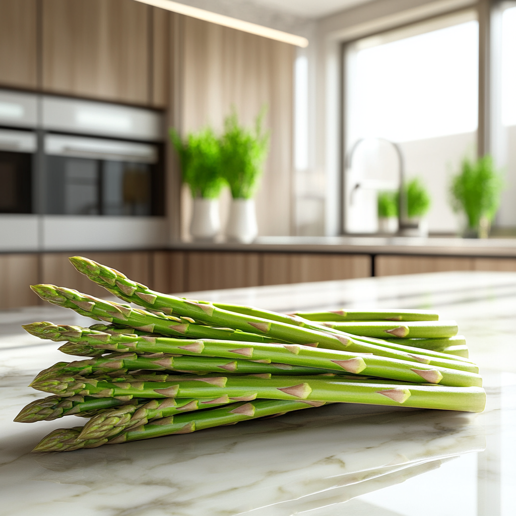 Fresh asparagus stalks on a marble countertop in a modern kitchen, with natural light highlighting their vibrant green color.