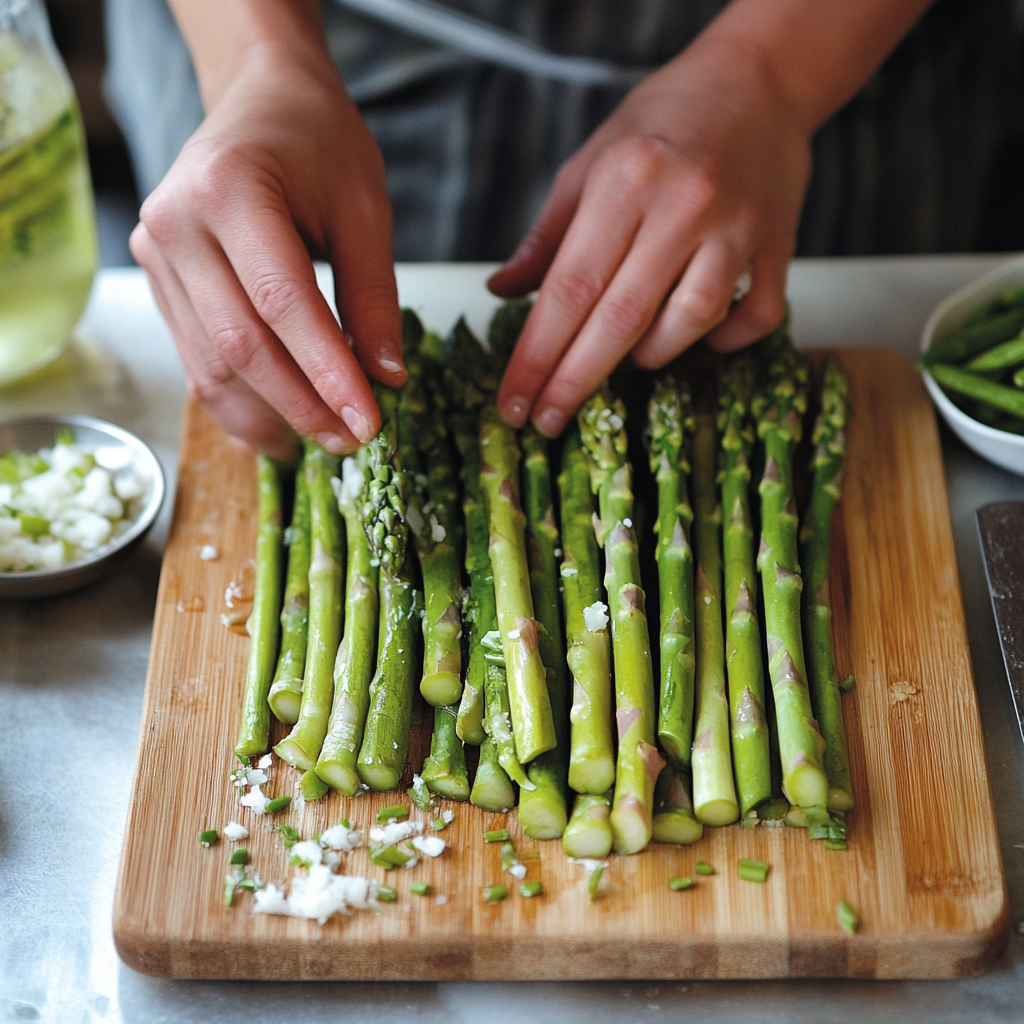 Hands arranging fresh asparagus spears on a wooden cutting board, sprinkled with chopped onions, in preparation for cooking.