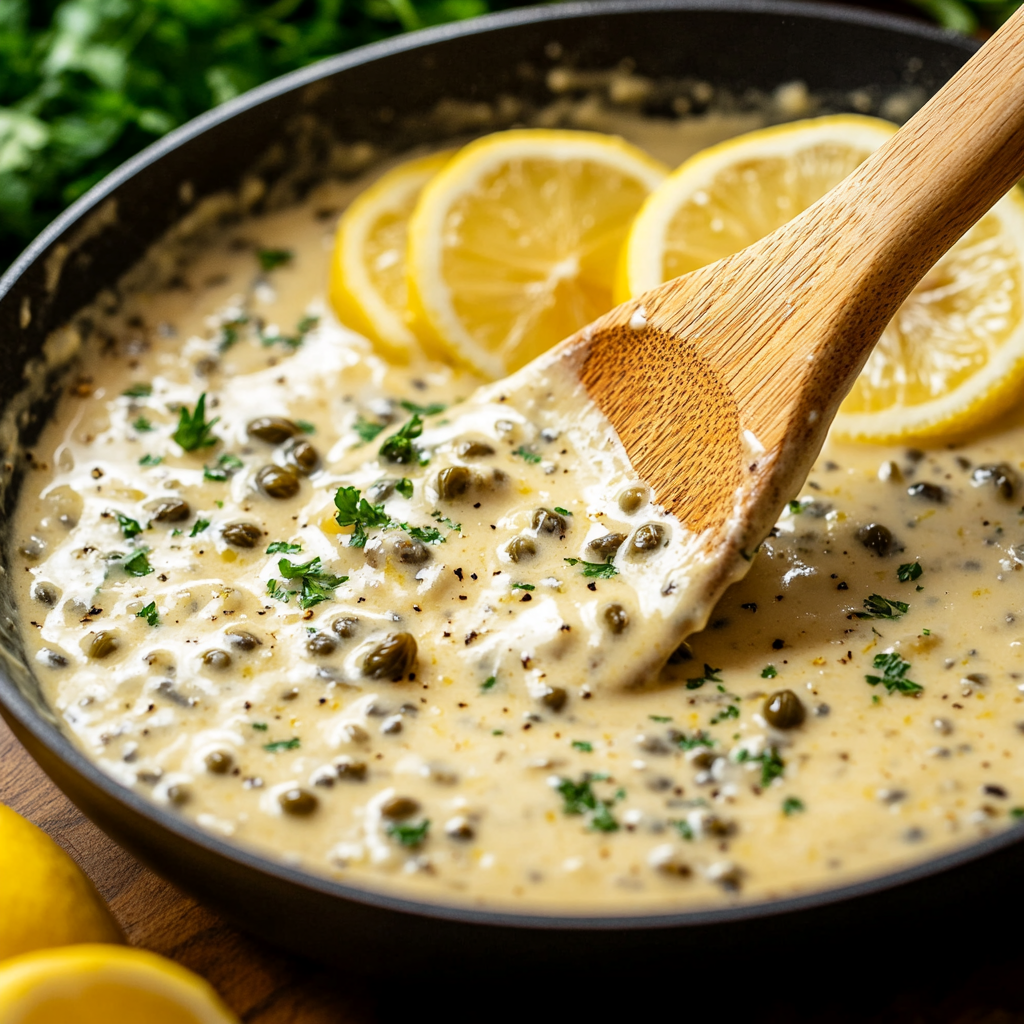 Close-up of a creamy lemon-caper sauce in a skillet, being stirred with a wooden spatula, garnished with parsley and lemon slices.