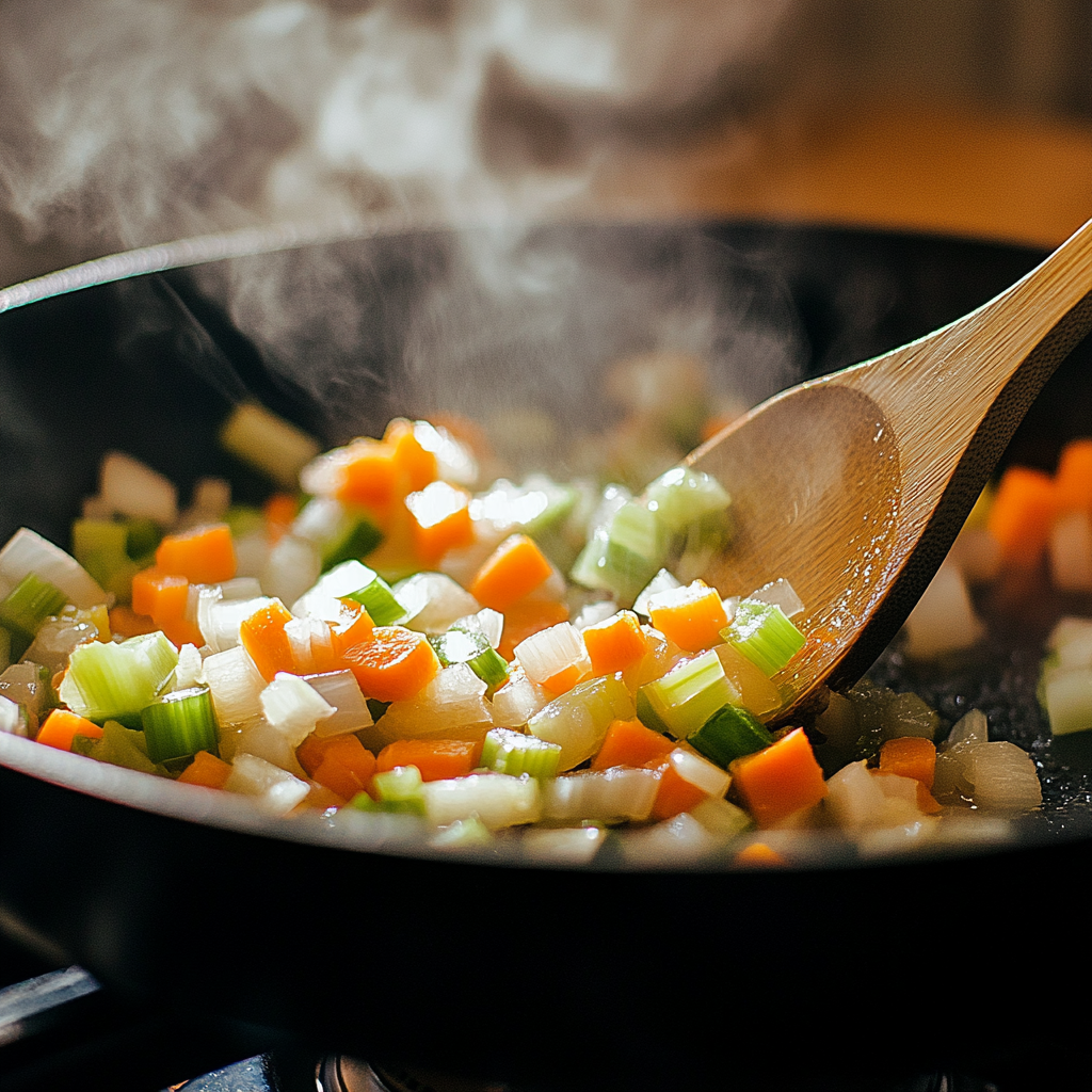 Close-up of diced onions, carrots, and celery sautéing in a skillet with olive oil, stirred with a wooden spoon, steam rising from the pan

