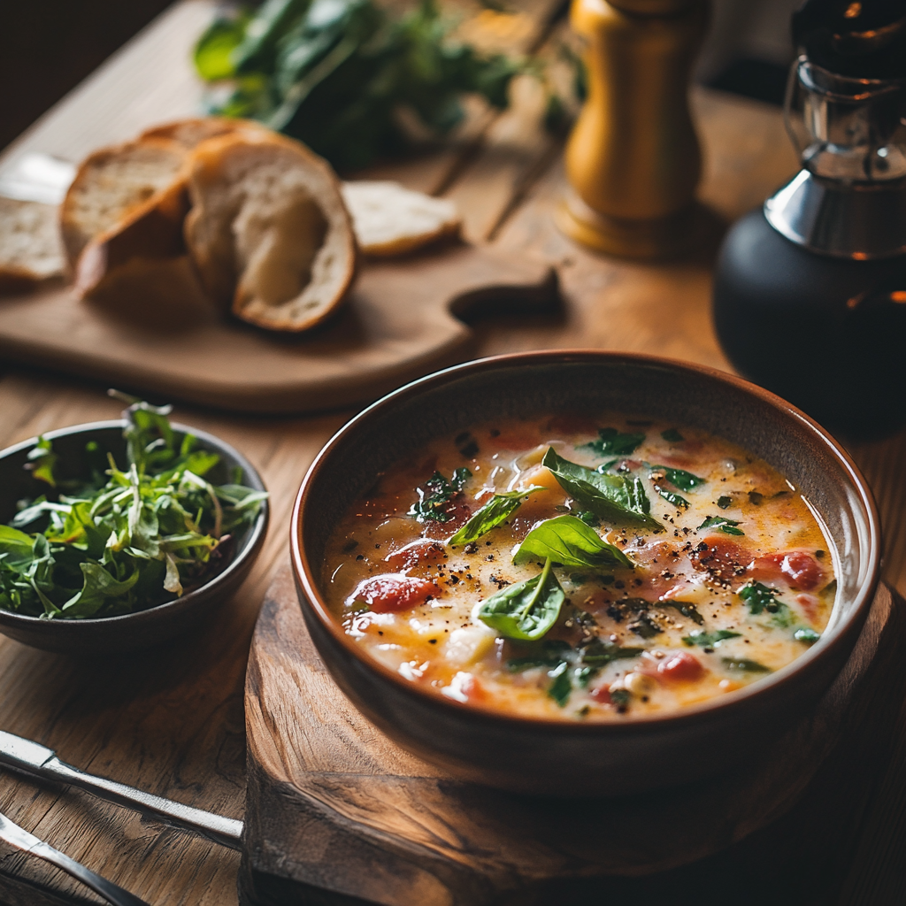 Cozy dinner table featuring a bowl of Zuppa del Giorno soup garnished with fresh herbs, accompanied by crusty bread and a green salad, on a rustic wooden table with warm lighting


