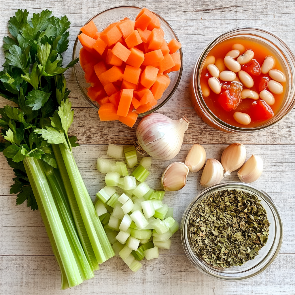 Flat lay of fresh ingredients for an Italian vegetable soup, including diced carrots, celery, garlic, parsley, white beans, tomatoes, and dried oregano, arranged on a wooden surface

