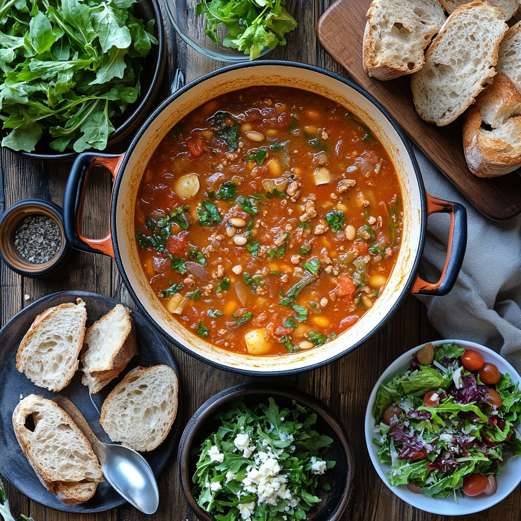 Large pot of Zuppa del Giorno soup filled with vegetables and beans, surrounded by crusty bread, fresh salad, and bowls on a rustic wooden table with natural lighting
