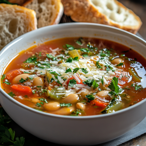 Bowl of the soup of the day with beans, fresh vegetables, and grated cheese, served with crusty bread