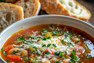 Bowl of the soup of the day with beans, fresh vegetables, and grated cheese, served with crusty bread