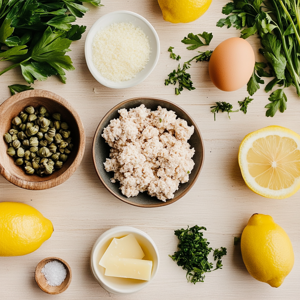 Flat lay of chicken piccata meatball ingredients, including ground chicken, lemons, parsley, parmesan cheese, capers, and an egg, arranged on a light wooden table.