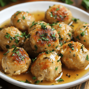 "Chicken piccata meatballs served on a white plate, topped with fresh parsley and a flavorful lemon butter sauce.