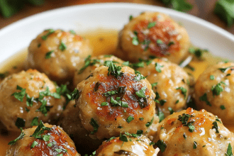 "Chicken piccata meatballs served on a white plate, topped with fresh parsley and a flavorful lemon butter sauce.
