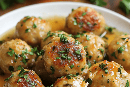 "Chicken piccata meatballs served on a white plate, topped with fresh parsley and a flavorful lemon butter sauce.