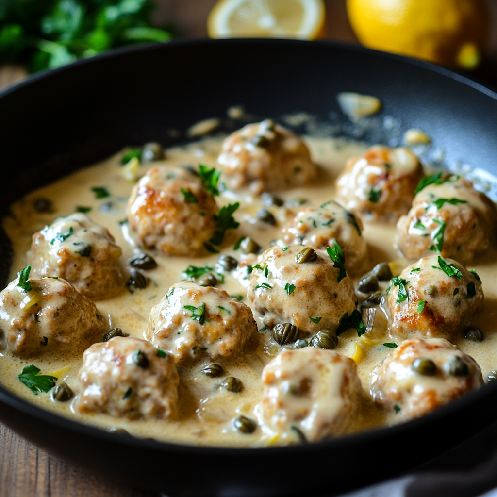 Chicken meatballs simmering in a creamy lemon-caper sauce in a skillet, garnished with fresh parsley and capers.