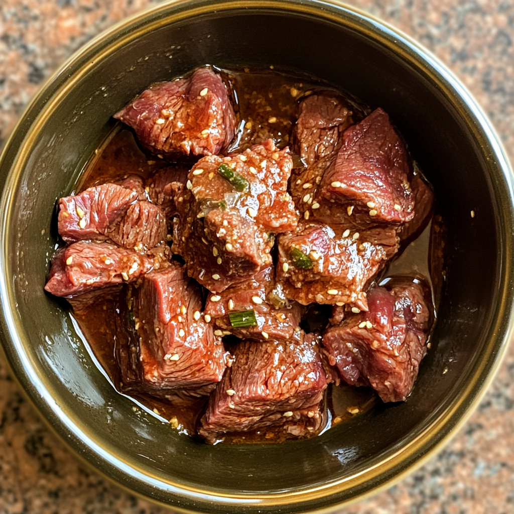 Marinated beef chunks in a bowl with sesame seeds and green onions, ready for cooking.