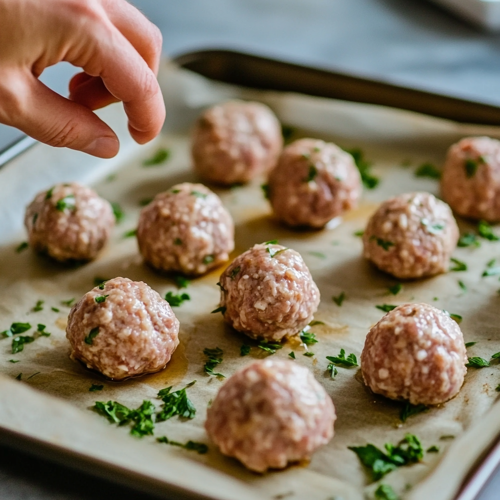 Raw chicken meatballs arranged on a parchment-lined baking sheet, with a hand shaping a meatball and sprinkled parsley.