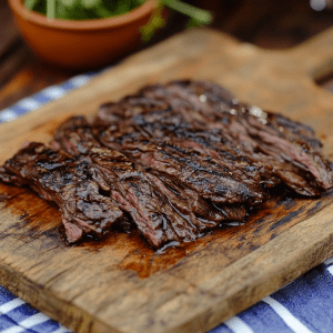 Sliced grilled beef on a wooden cutting board, perfectly cooked and juicy.