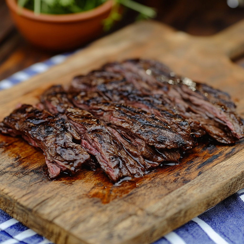 Sliced grilled beef on a wooden cutting board, perfectly cooked and juicy.