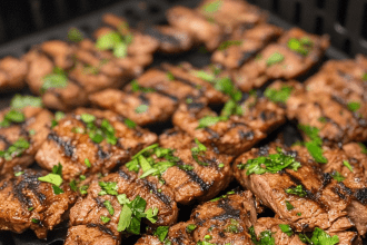 Grilled meat with fresh parsley cooked in an air fryer, perfectly golden and juicy.