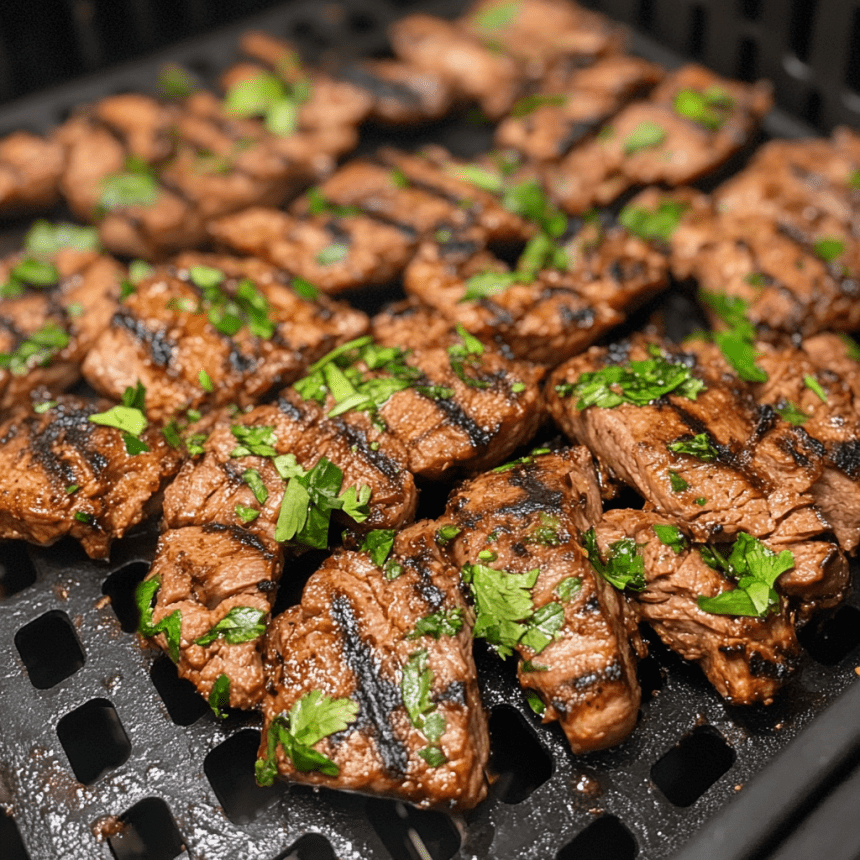 Grilled meat with fresh parsley cooked in an air fryer, perfectly golden and juicy.