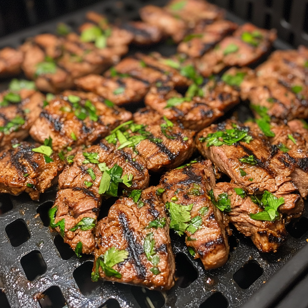 Grilled meat with fresh parsley cooked in an air fryer, perfectly golden and juicy.