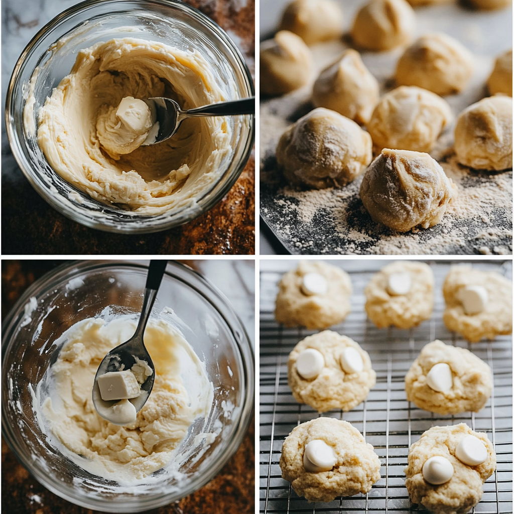 Step-by-step collage of making homemade white chocolate chip cookies, from mixing butter and sugar to freshly baked cookies cooling on a wire rack

