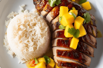 Juicy tamarind-ginger pork tenderloin served with fluffy coconut rice and fresh mango salsa, garnished with cilantro and lime wedges – a flavorful tropical dinner recipe