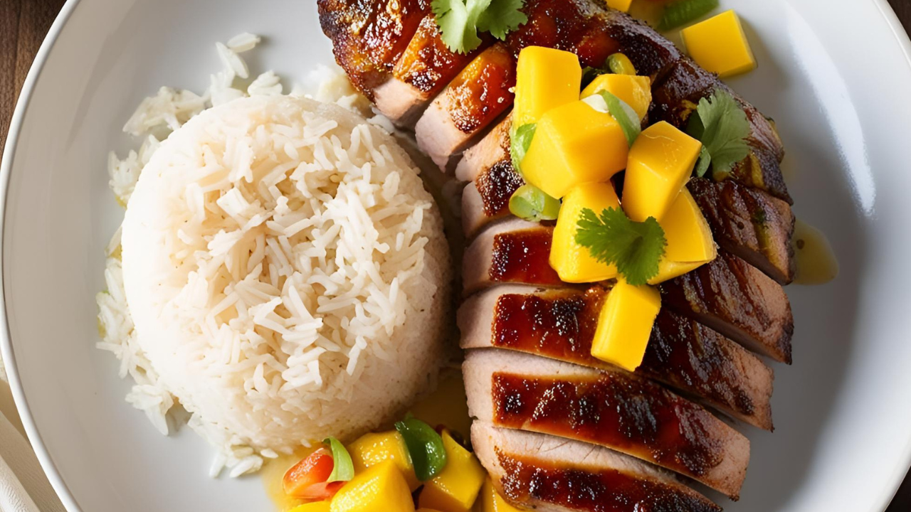 Juicy tamarind-ginger pork tenderloin served with fluffy coconut rice and fresh mango salsa, garnished with cilantro and lime wedges – a flavorful tropical dinner recipe