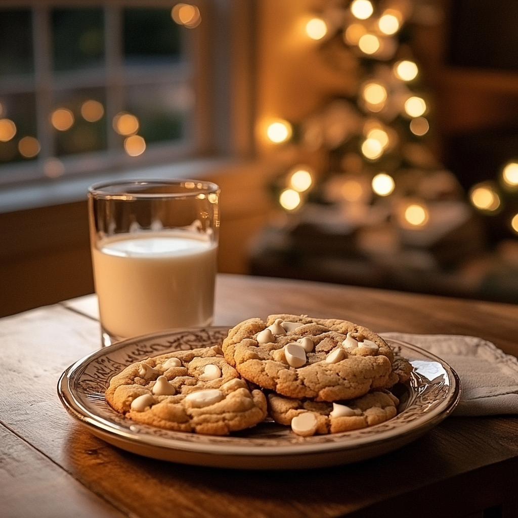 A cozy kitchen scene with a plate of warm white chocolate chip cookies and a glass of milk, set against soft glowing lights
