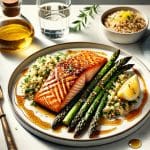 Honey glazed salmon recipe, easy salmon dinner recipe, healthy salmon recipes, roasted asparagus side dish, lemon herb quinoa recipe, best salmon glaze ideas, quick salmon dinner ideas, sheet pan salmon and vegetables, high-protein dinner recipes, omega-3 rich meals, low-calorie salmon recipes, easy seafood dinner ideas, how to cook salmon in the oven, one-pan salmon and veggies, garlic butter salmon alternative, meal prep salmon recipes, 30-minute healthy meals, best sides for salmon, gluten-free salmon dinner, flavorful baked salmon recipes.