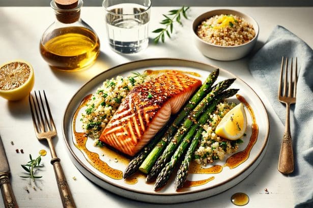 Honey glazed salmon recipe, easy salmon dinner recipe, healthy salmon recipes, roasted asparagus side dish, lemon herb quinoa recipe, best salmon glaze ideas, quick salmon dinner ideas, sheet pan salmon and vegetables, high-protein dinner recipes, omega-3 rich meals, low-calorie salmon recipes, easy seafood dinner ideas, how to cook salmon in the oven, one-pan salmon and veggies, garlic butter salmon alternative, meal prep salmon recipes, 30-minute healthy meals, best sides for salmon, gluten-free salmon dinner, flavorful baked salmon recipes.