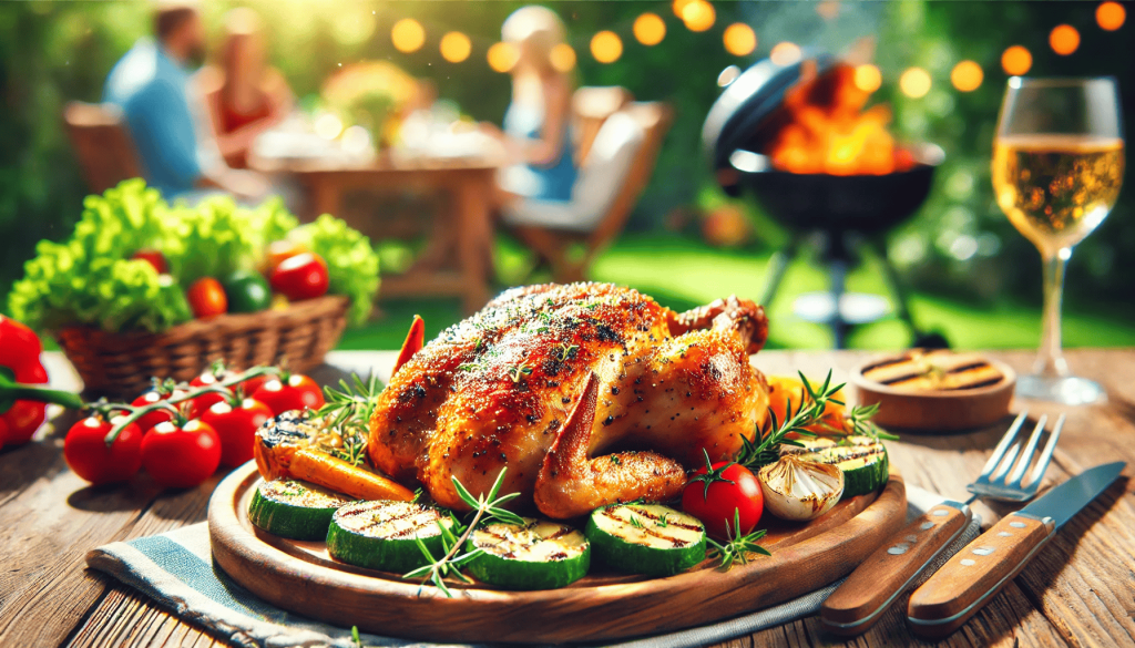 Grilled chicken with golden-brown, crispy skin served on a wooden plate with fresh herbs, set against a clean outdoor background