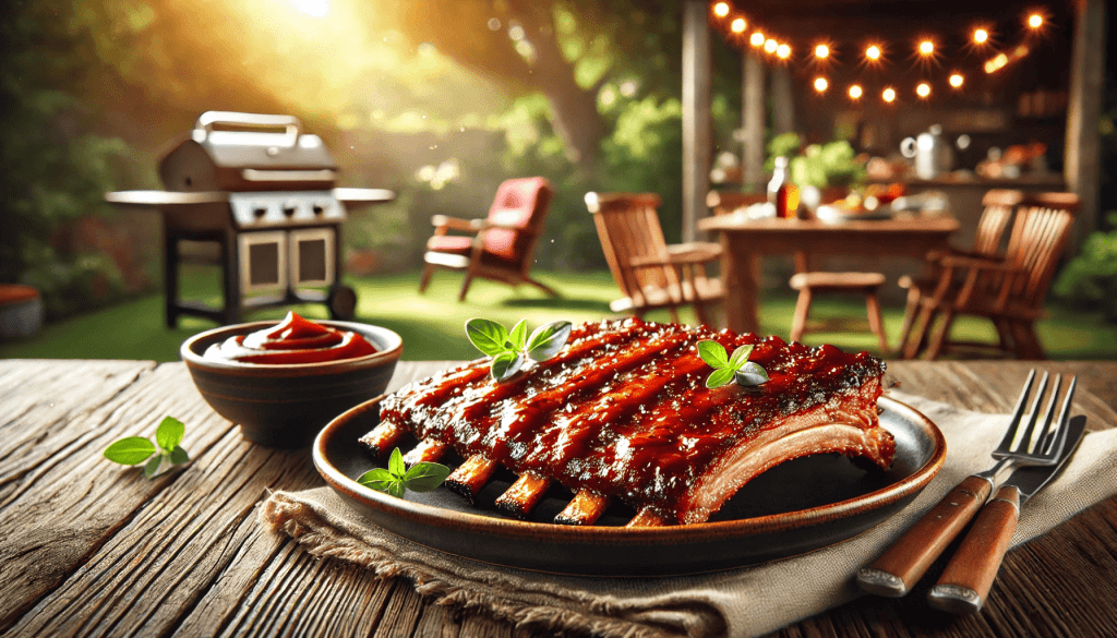 Classic BBQ ribs glazed with barbecue sauce, served on a wooden platter in an outdoor setting