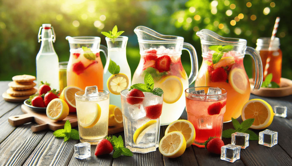 Assorted beverages for a family BBQ, including pitchers of iced lemonade, fruit punch, and iced tea, garnished with lemon slices and mint leaves on a wooden table with a summer garden background.

