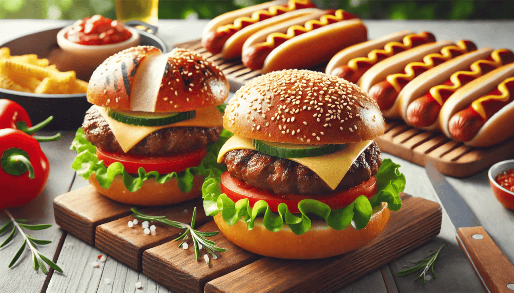 Juicy grilled burgers with melted cheese and classic hotdogs on a barbecue grill, served outdoors with fresh toppings on a sunny day
