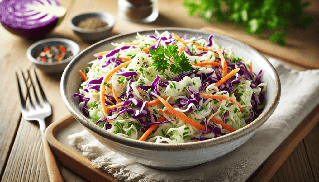 Classic coleslaw in a white bowl with shredded green cabbage, purple cabbage, and carrots, mixed with creamy dressing, garnished with parsley on a wooden table.