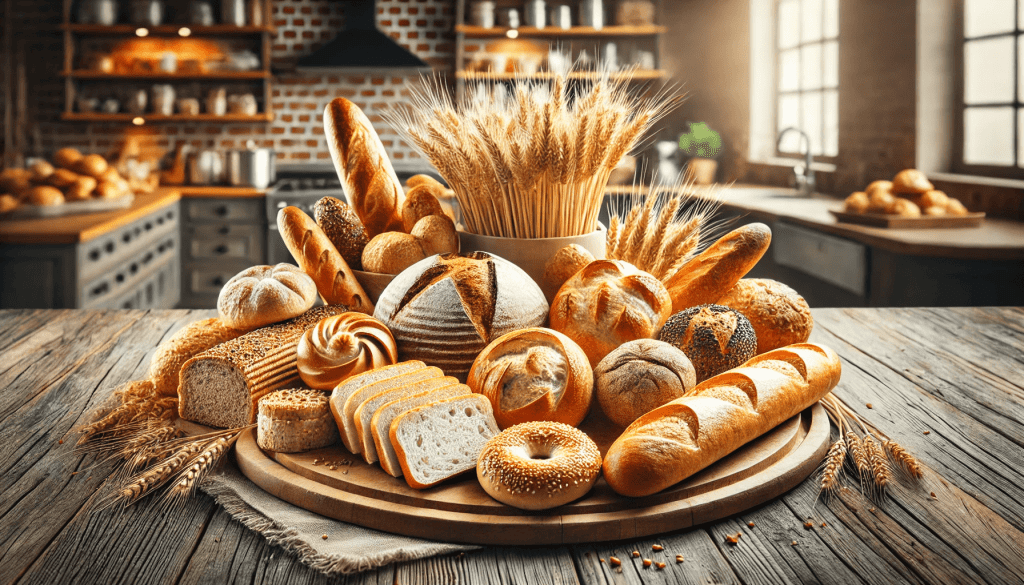 Assorted breads on a wooden table, featuring sliced white bread, whole wheat bread, baguette, and bread rolls, perfect for serving with salads or meals.

