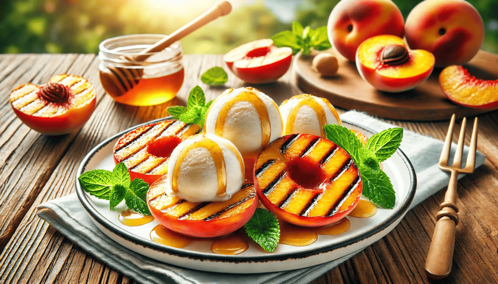 Grilled peach halves with caramelized edges, topped with vanilla ice cream, drizzled with honey, and garnished with fresh mint leaves on a white plate.