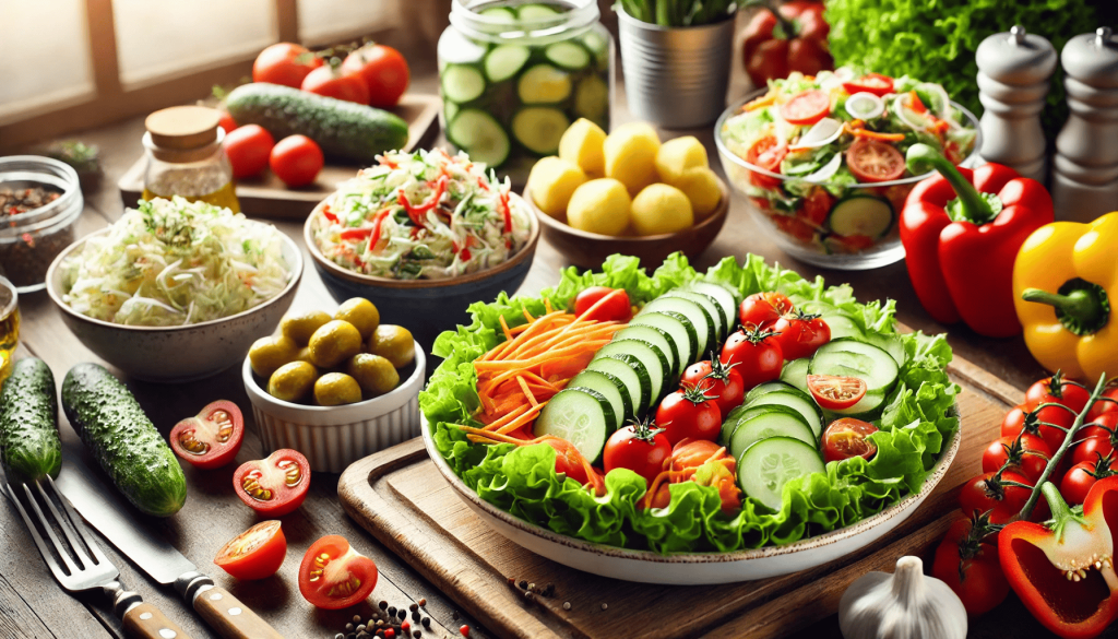 Assorted fresh salads and vegetables on a wooden table, including garden salad with lettuce, tomatoes, and cucumbers, coleslaw, potato salad, and sliced bell peppers, cherry tomatoes, and carrots.

