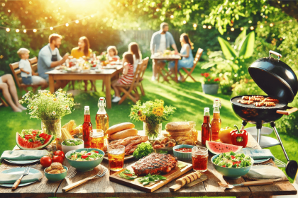 Family BBQ feast with grilled meats, fresh salads, breads, beverages, and desserts on a wooden table, set in a sunlit garden for a summer gathering.