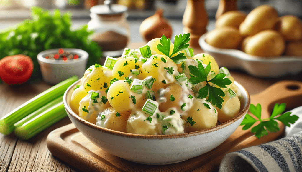 Classic potato salad in a white bowl with boiled potato chunks, chopped celery, and onions, mixed with creamy mayonnaise dressing, garnished with fresh parsley on a wooden table.